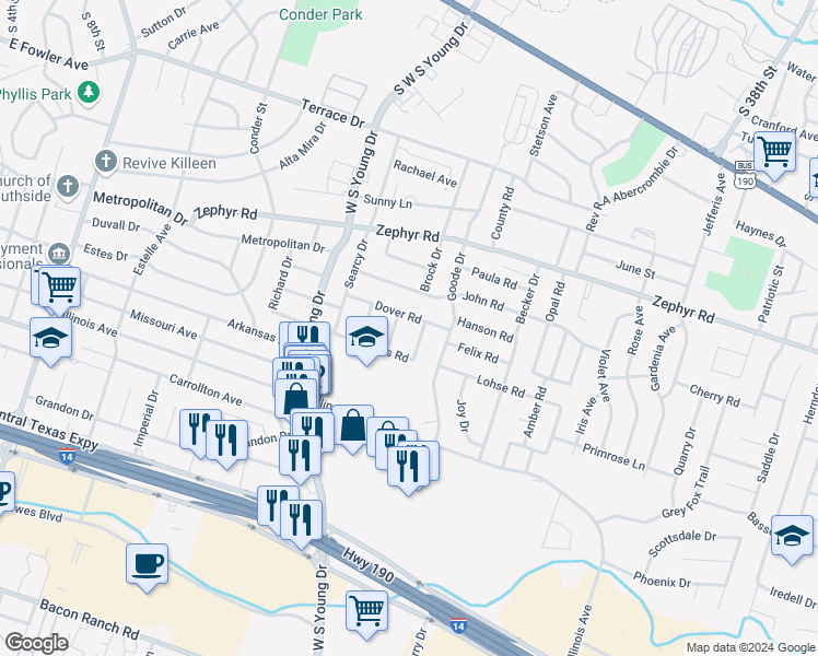map of restaurants, bars, coffee shops, grocery stores, and more near 1502 Briar Lane in Killeen
