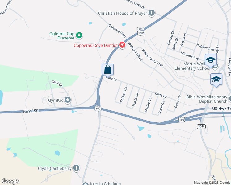 map of restaurants, bars, coffee shops, grocery stores, and more near 1306 Katelyn Circle in Copperas Cove