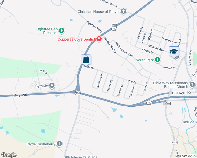 map of restaurants, bars, coffee shops, grocery stores, and more near 1113 Katelyn Circle in Copperas Cove