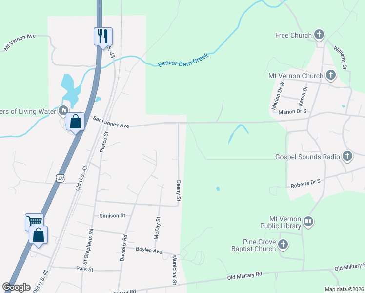 map of restaurants, bars, coffee shops, grocery stores, and more near 19450 Denny Street in Mount Vernon