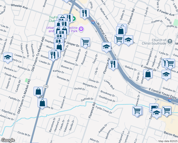 map of restaurants, bars, coffee shops, grocery stores, and more near 2308 Daisy Drive in Killeen