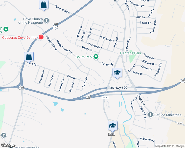 map of restaurants, bars, coffee shops, grocery stores, and more near 1510 Walker Place Boulevard in Copperas Cove