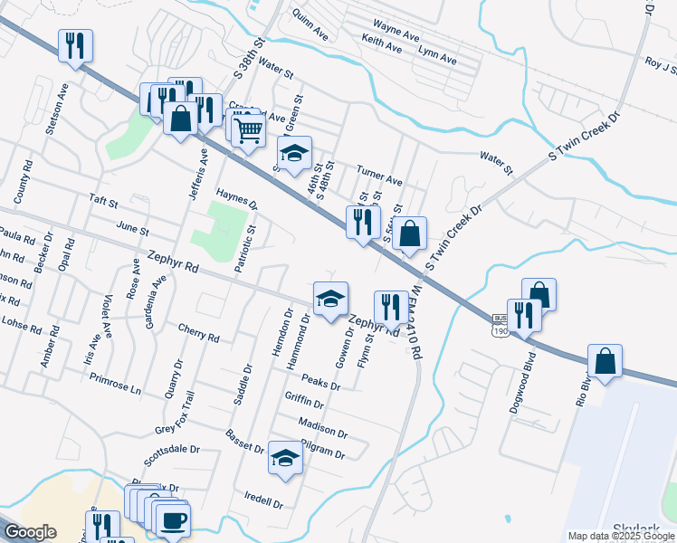 map of restaurants, bars, coffee shops, grocery stores, and more near 1106 Charisse Street in Killeen
