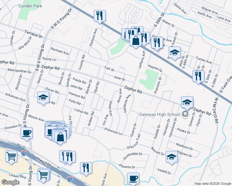map of restaurants, bars, coffee shops, grocery stores, and more near 1312 Violet Avenue in Killeen