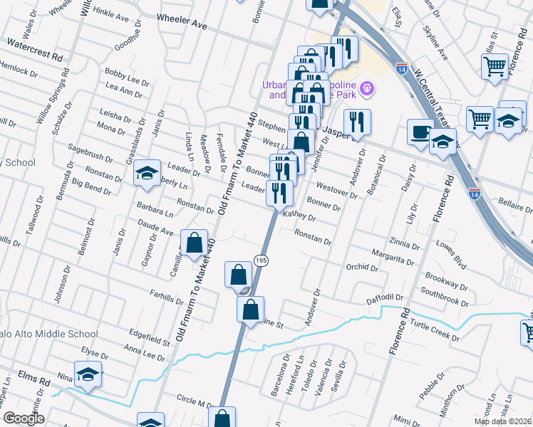 map of restaurants, bars, coffee shops, grocery stores, and more near 1615 South Fort Hood Street in Killeen