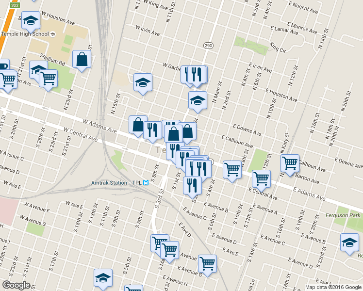 map of restaurants, bars, coffee shops, grocery stores, and more near in Temple