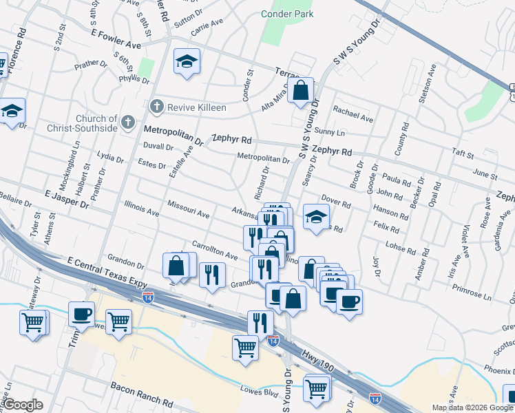map of restaurants, bars, coffee shops, grocery stores, and more near 1607 Arkansas Avenue in Killeen