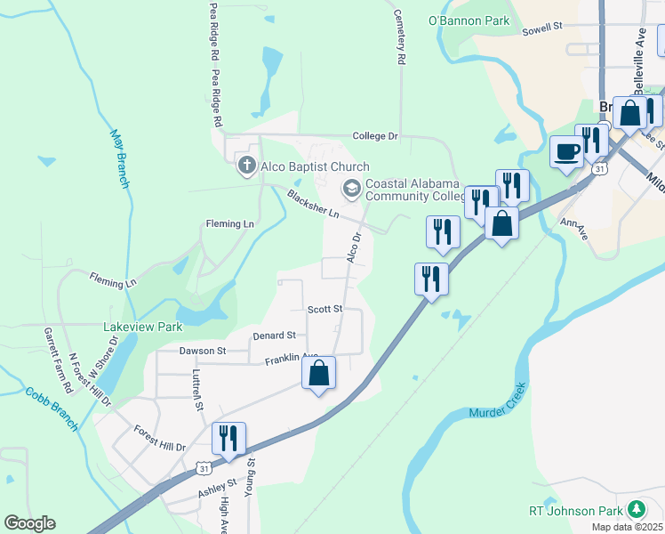 map of restaurants, bars, coffee shops, grocery stores, and more near 312 Alco Drive in Brewton