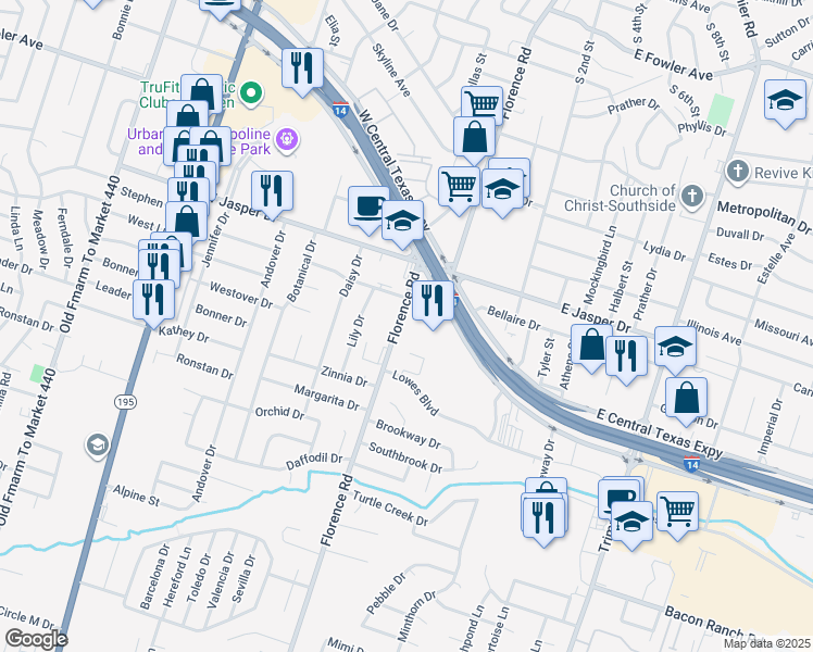 map of restaurants, bars, coffee shops, grocery stores, and more near in Killeen