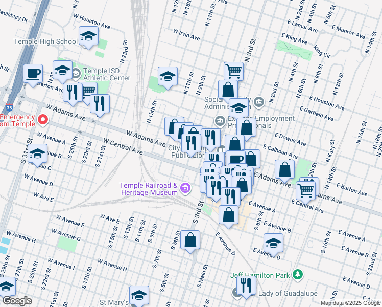 map of restaurants, bars, coffee shops, grocery stores, and more near 10 South 5th Street in Temple