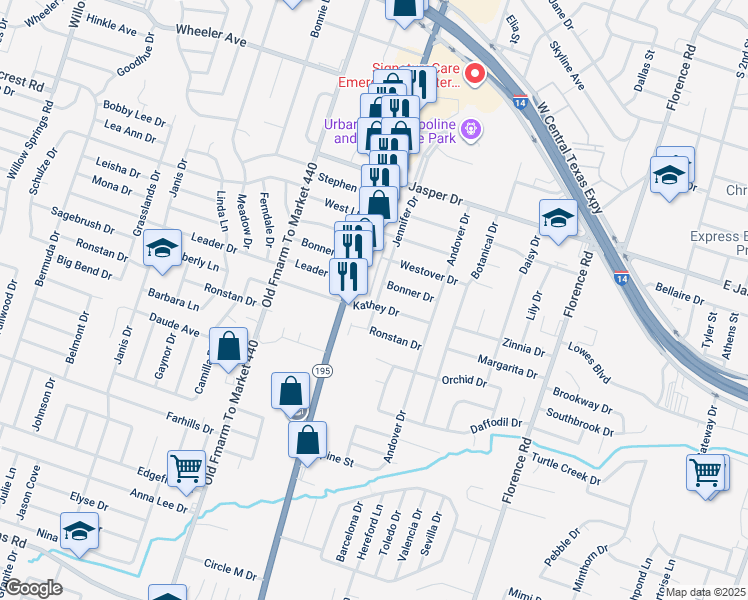 map of restaurants, bars, coffee shops, grocery stores, and more near 2399 Jennifer Drive in Killeen