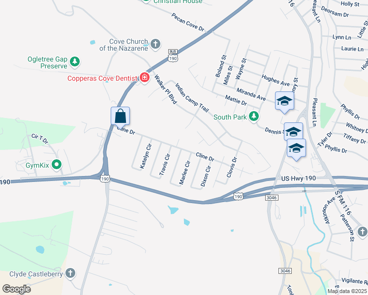 map of restaurants, bars, coffee shops, grocery stores, and more near 1106 Marlee Circle in Copperas Cove