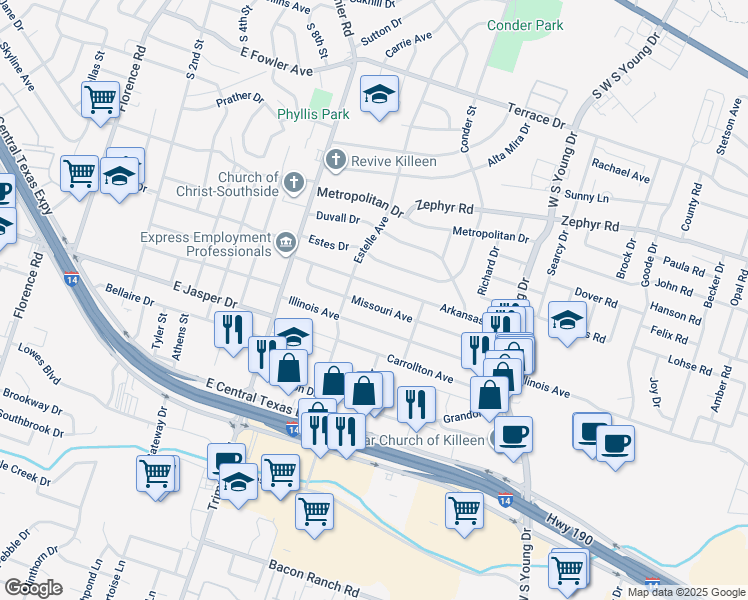 map of restaurants, bars, coffee shops, grocery stores, and more near 1314 Missouri Avenue in Killeen