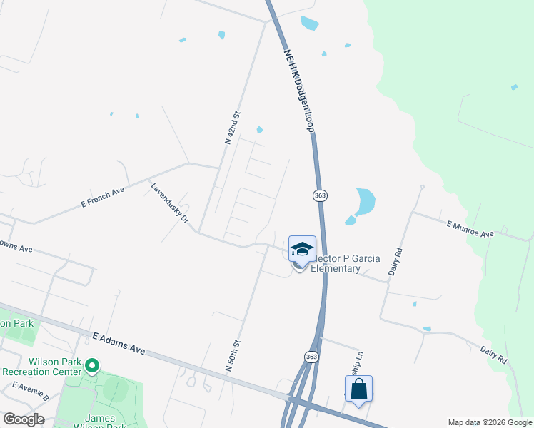 map of restaurants, bars, coffee shops, grocery stores, and more near 401 North 42nd Street in Temple