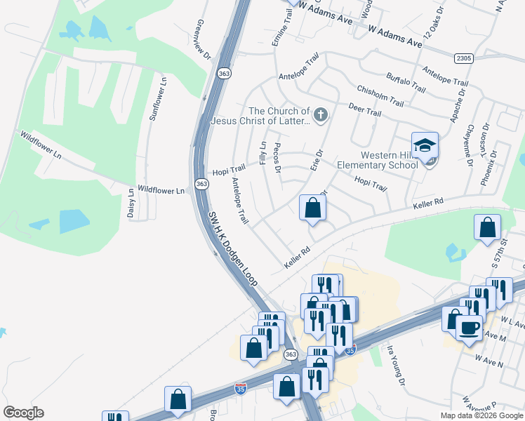 map of restaurants, bars, coffee shops, grocery stores, and more near 908 Filly Lane in Temple