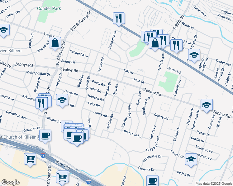 map of restaurants, bars, coffee shops, grocery stores, and more near 1309 Opal Road in Killeen