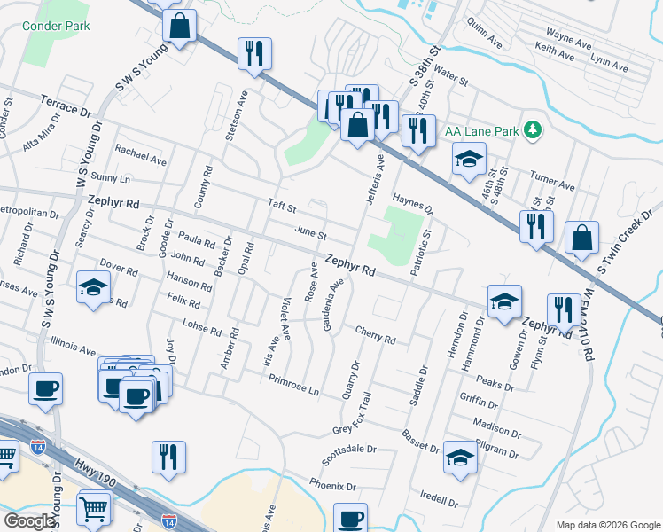 map of restaurants, bars, coffee shops, grocery stores, and more near 3105 Zephyr Road in Killeen