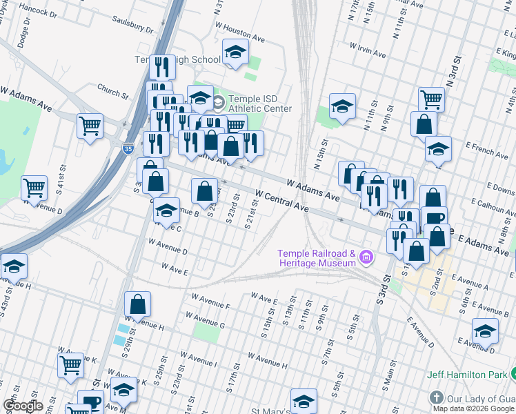 map of restaurants, bars, coffee shops, grocery stores, and more near 1000 West Central Avenue in Temple