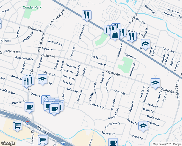 map of restaurants, bars, coffee shops, grocery stores, and more near 2900 Zephyr Road in Killeen