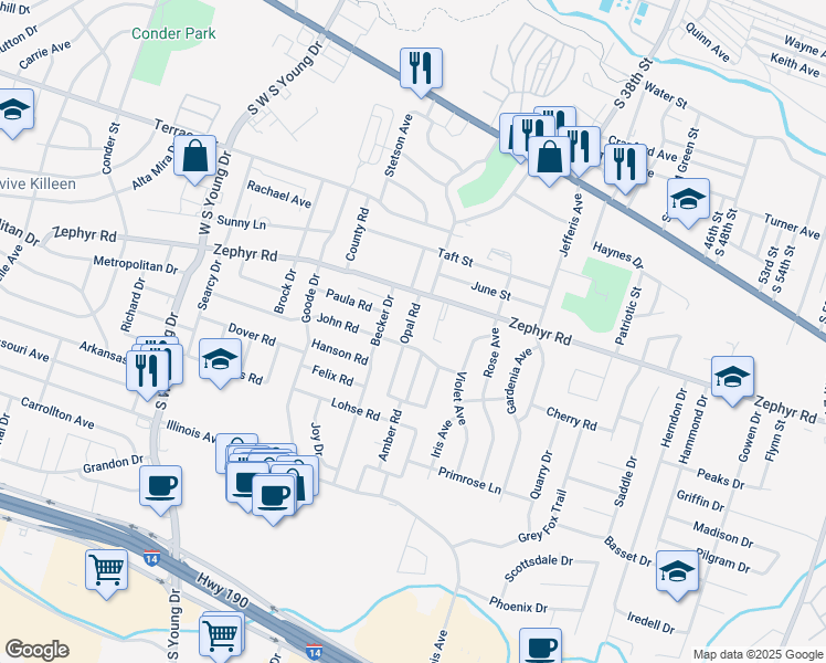 map of restaurants, bars, coffee shops, grocery stores, and more near 1309 Opal Road in Killeen