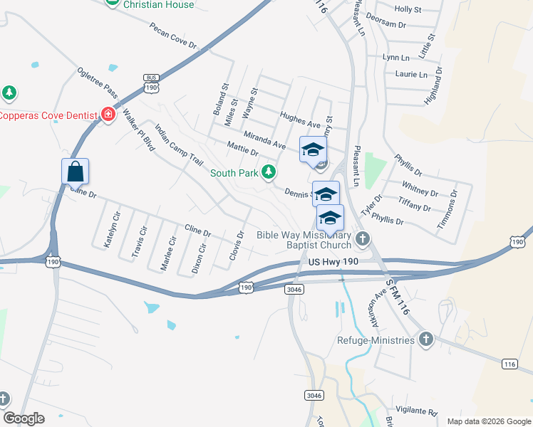 map of restaurants, bars, coffee shops, grocery stores, and more near 1508 Indian Camp Trail in Copperas Cove