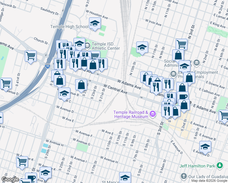 map of restaurants, bars, coffee shops, grocery stores, and more near 916 West Central Avenue in Temple