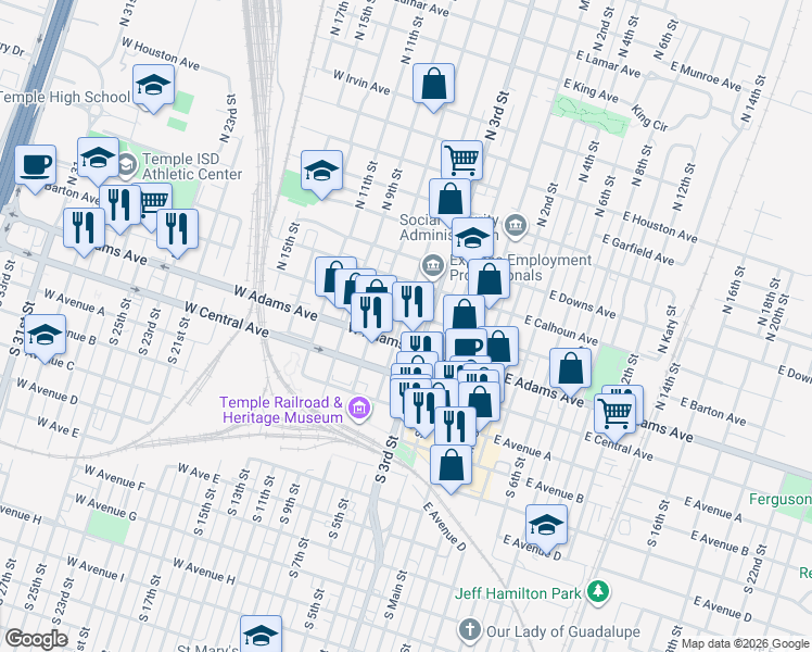 map of restaurants, bars, coffee shops, grocery stores, and more near 119 North 7th Street in Temple