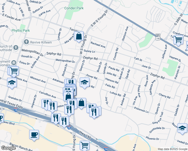 map of restaurants, bars, coffee shops, grocery stores, and more near 2312 John Road in Killeen