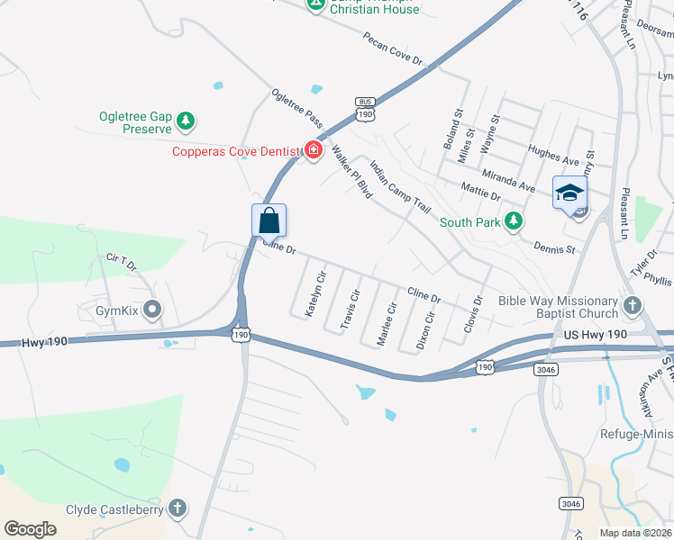 map of restaurants, bars, coffee shops, grocery stores, and more near 1326 Travis Circle in Copperas Cove