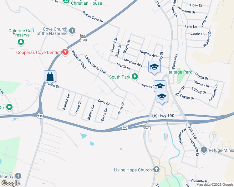 map of restaurants, bars, coffee shops, grocery stores, and more near 1608 Walker Place Boulevard in Copperas Cove