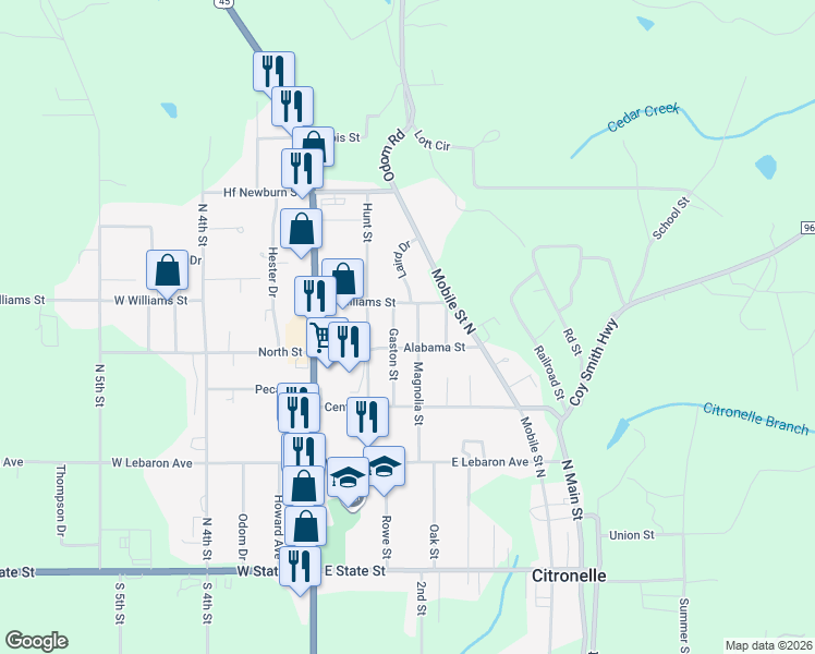 map of restaurants, bars, coffee shops, grocery stores, and more near 8095 East Williams Street in Citronelle
