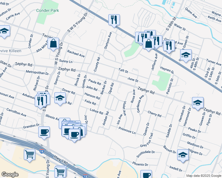 map of restaurants, bars, coffee shops, grocery stores, and more near 1309 Opal Road in Killeen
