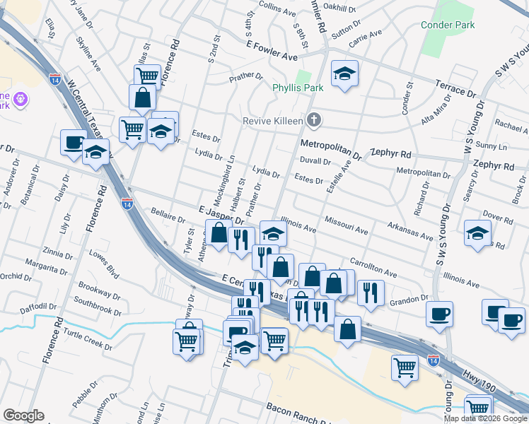 map of restaurants, bars, coffee shops, grocery stores, and more near 907 Illinois Avenue in Killeen