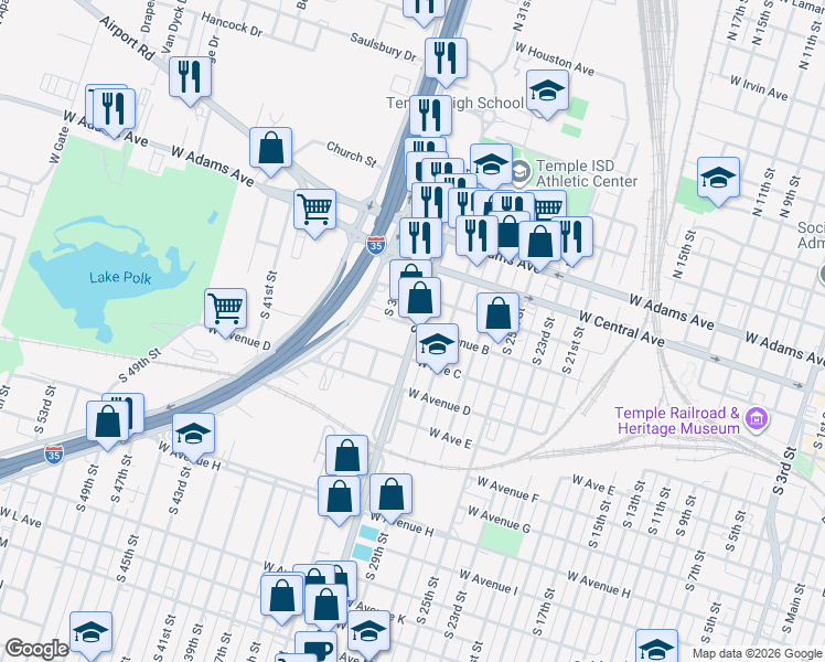 map of restaurants, bars, coffee shops, grocery stores, and more near 204 S 31st St in Temple