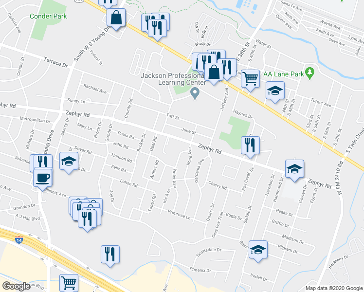 map of restaurants, bars, coffee shops, grocery stores, and more near 3006 Zephyr Road in Killeen