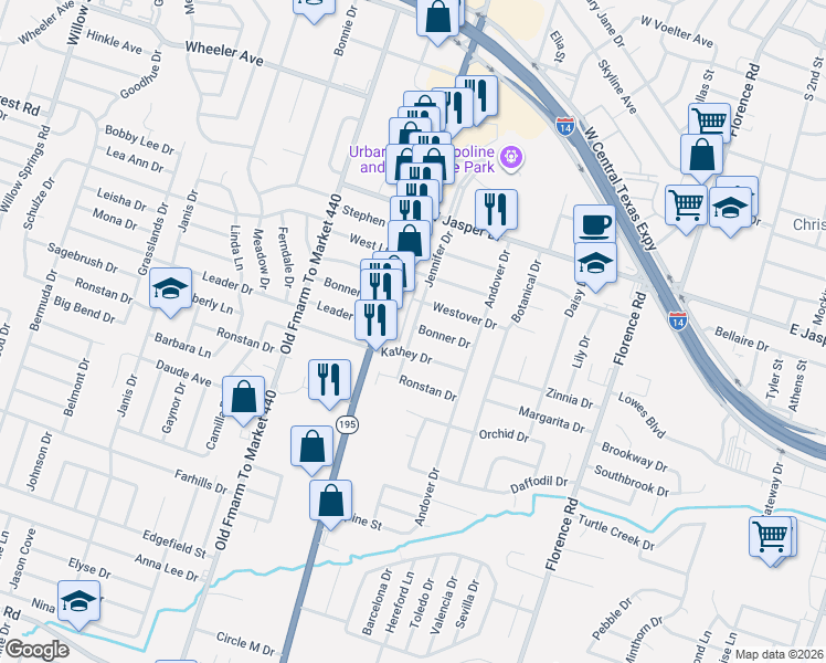 map of restaurants, bars, coffee shops, grocery stores, and more near 2367 Jennifer Drive in Killeen