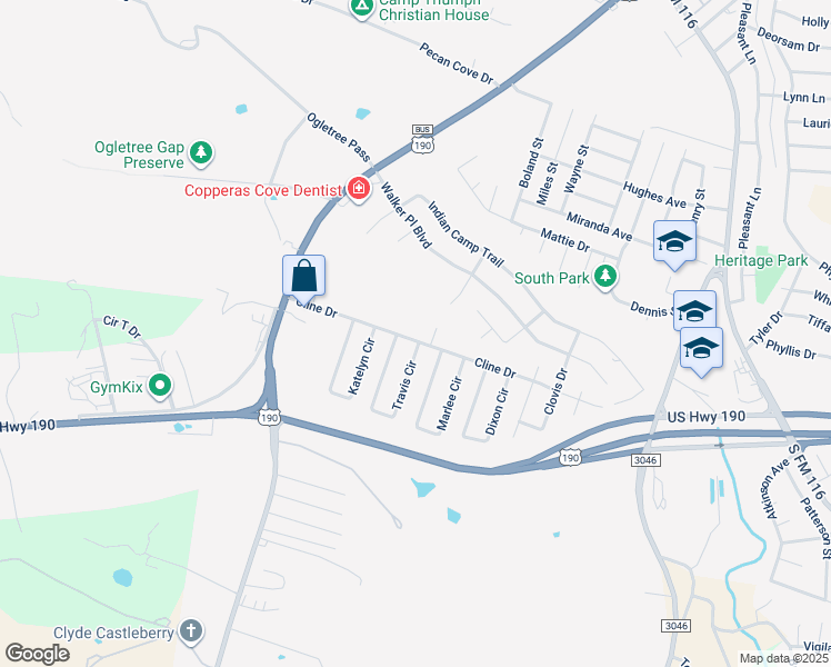 map of restaurants, bars, coffee shops, grocery stores, and more near 1904 Cline Drive in Copperas Cove