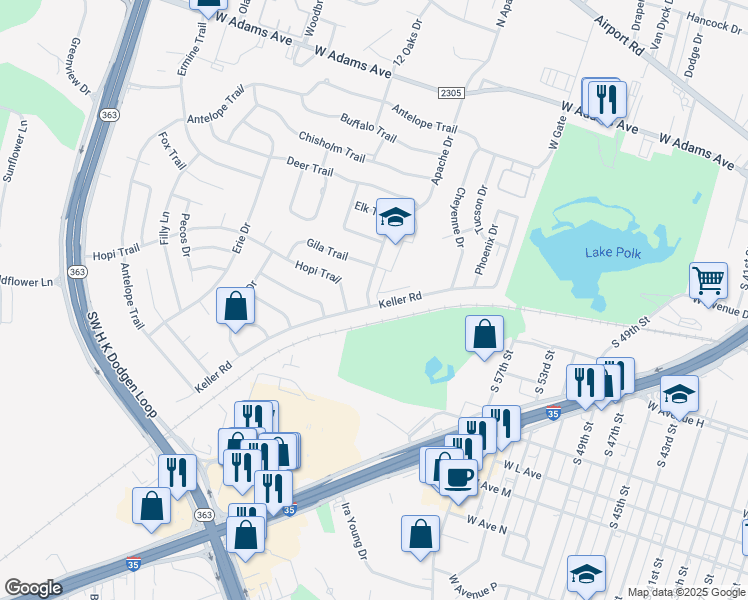 map of restaurants, bars, coffee shops, grocery stores, and more near 805 Apache Drive in Temple