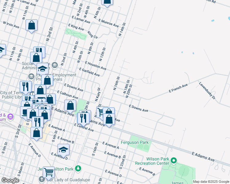 map of restaurants, bars, coffee shops, grocery stores, and more near 802 East Elm Avenue in Temple