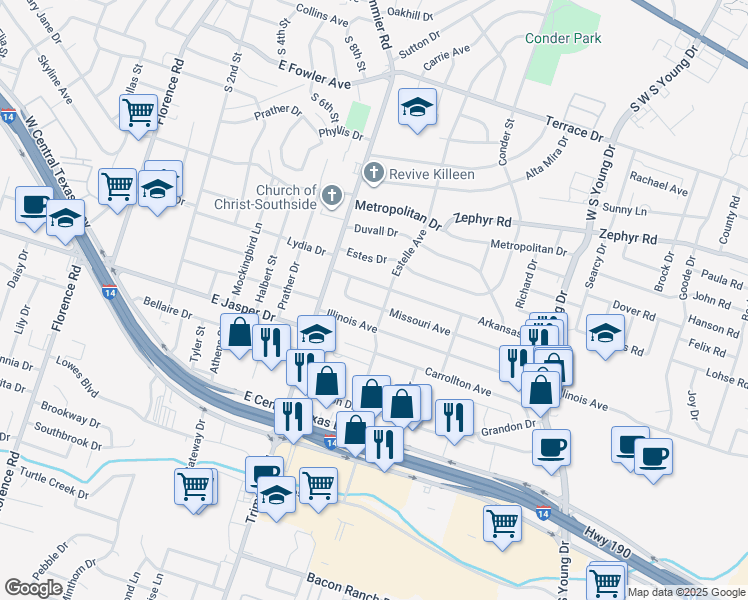 map of restaurants, bars, coffee shops, grocery stores, and more near 1204 Arkansas Avenue in Killeen