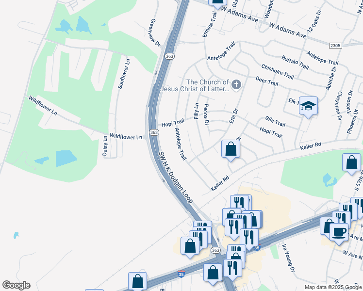 map of restaurants, bars, coffee shops, grocery stores, and more near 4600 Southwest H K Dodgen Loop in Temple