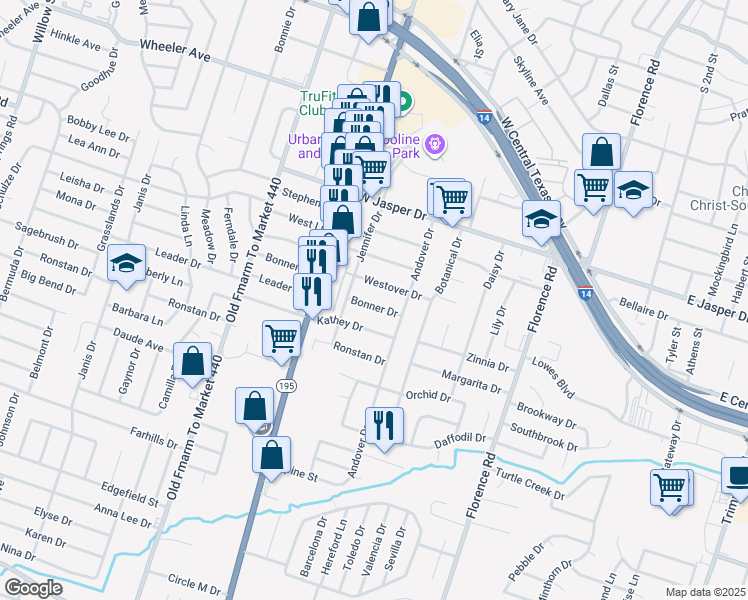 map of restaurants, bars, coffee shops, grocery stores, and more near 1012 Westover Drive in Killeen