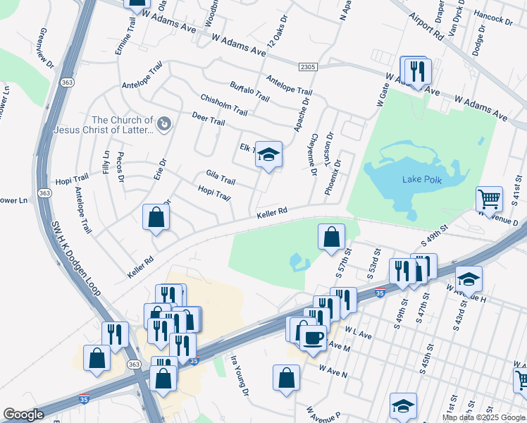 map of restaurants, bars, coffee shops, grocery stores, and more near 711 Apache Drive in Temple