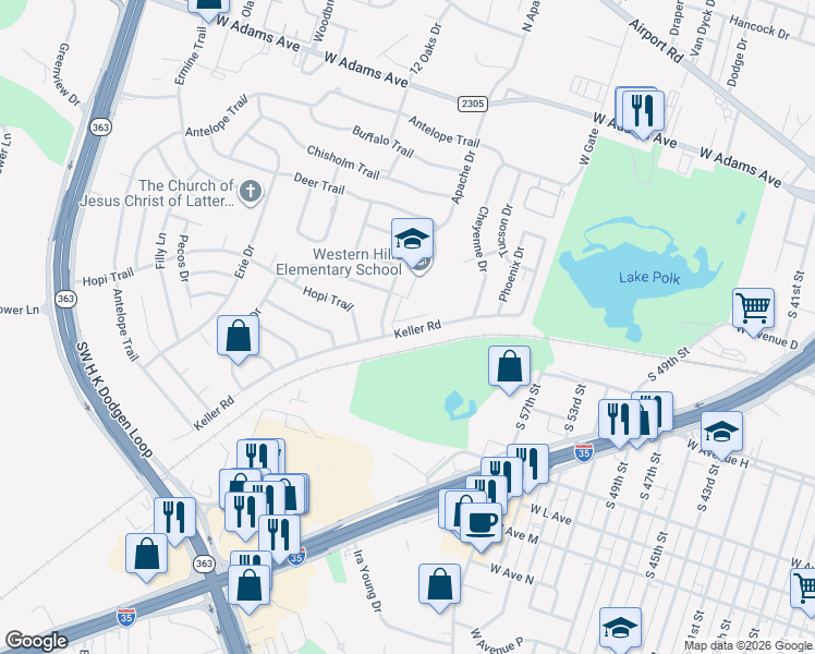 map of restaurants, bars, coffee shops, grocery stores, and more near 711 Apache Drive in Temple