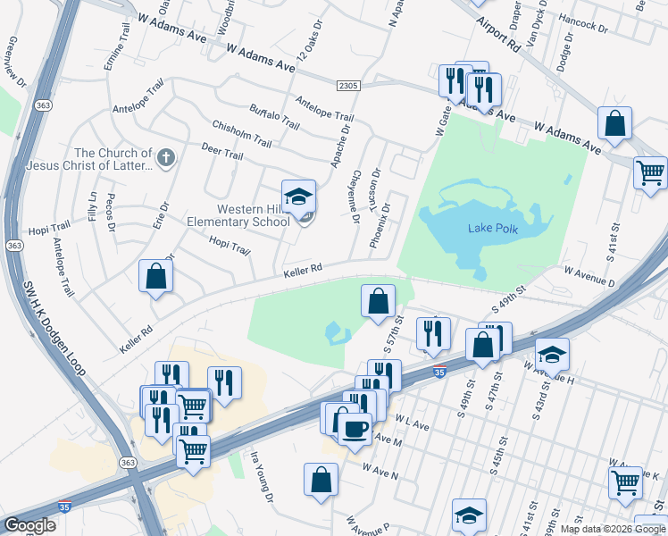 map of restaurants, bars, coffee shops, grocery stores, and more near 3105 Keller Road in Temple