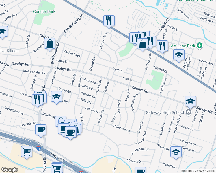 map of restaurants, bars, coffee shops, grocery stores, and more near 1309 Opal Road in Killeen