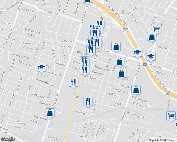 map of restaurants, bars, coffee shops, grocery stores, and more near 2367 Jennifer Drive in Killeen