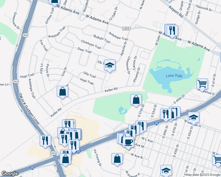 map of restaurants, bars, coffee shops, grocery stores, and more near 3210 Keller Road in Temple