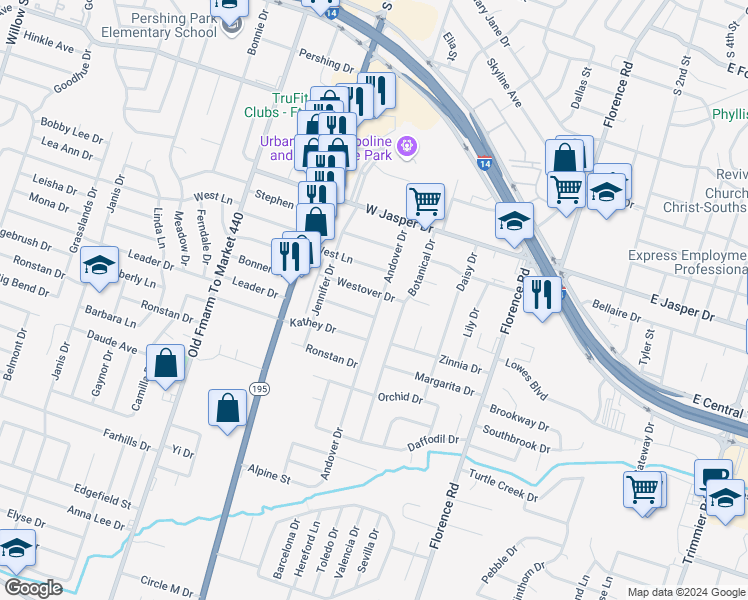 map of restaurants, bars, coffee shops, grocery stores, and more near 1000 Westover Drive in Killeen
