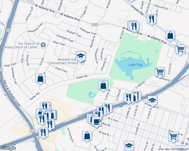 map of restaurants, bars, coffee shops, grocery stores, and more near 3105 Keller Road in Temple
